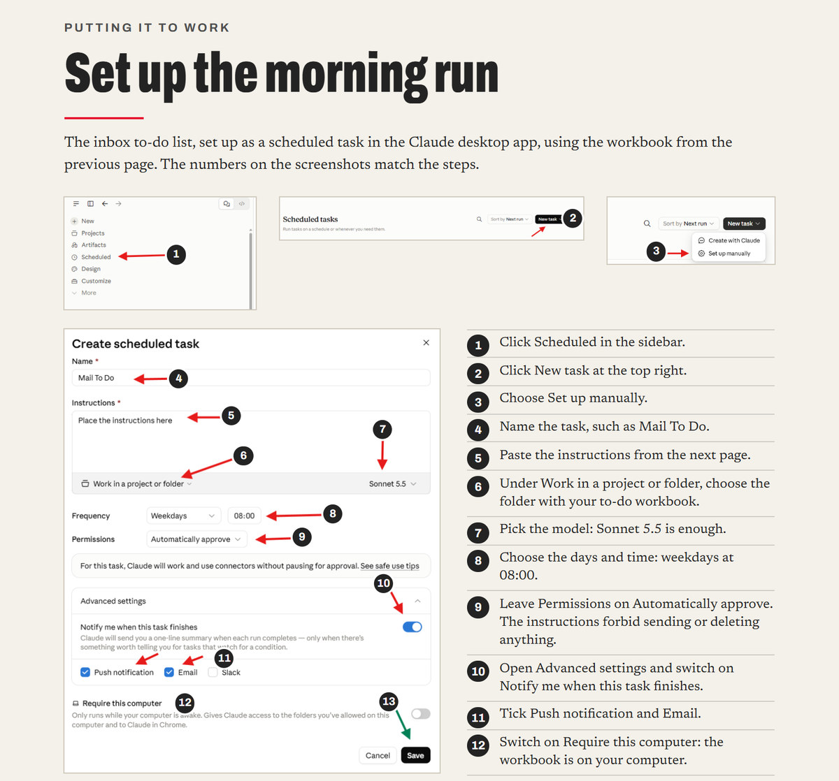 A page from the course: the morning run set up as a scheduled task in the Claude desktop app, with numbered screenshots beside each step