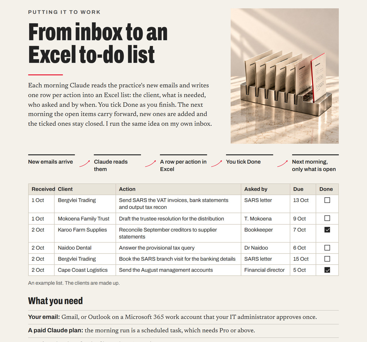 A page from the course: each morning Claude reads the new emails and writes one row per action into an Excel list, with the client, the action, who asked and the due date