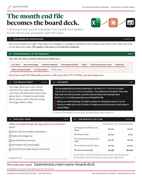 The Board Deck Course on one page: the month end file becomes the board deck