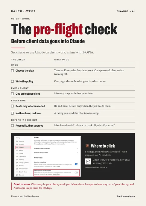 The preflight check before client data goes into Claude: six checks for using Claude on client work in line with POPIA, from choosing the plan to reconciling the output