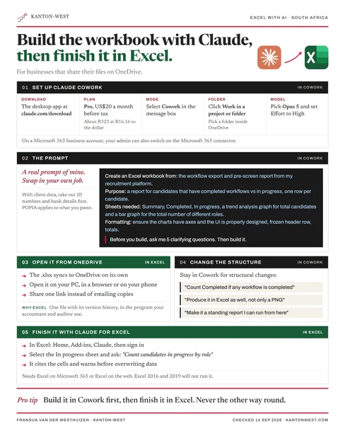Build the workbook with Claude, then finish it in Excel: setting up, the prompt, OneDrive and Claude for Excel