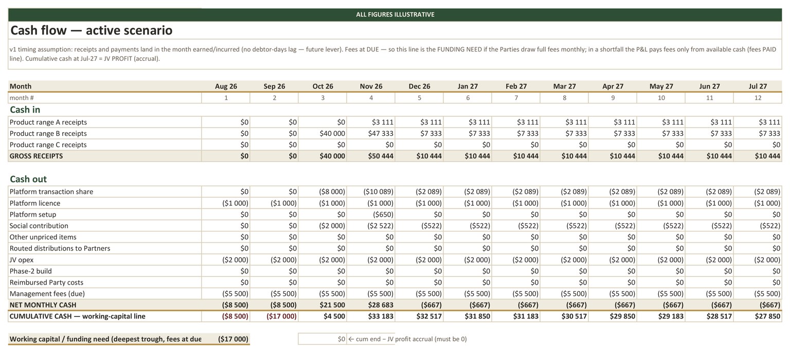 The cash flow sheet of a live joint venture financial model