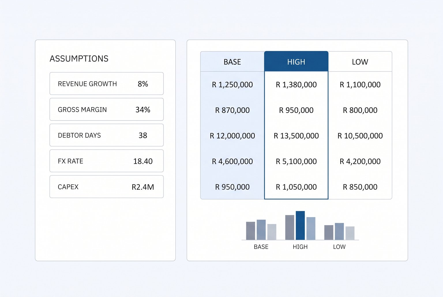 A financial model scenario panel